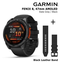 GARMIN Fenix 8 47 mm, AMOLED, Slate Gray + Black Leather Watch Band, QuickFit 22mm spordikell