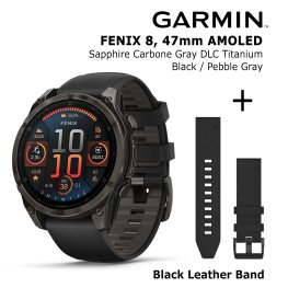 GARMIN Fenix 8 47 mm, AMOLED, Sapphire Carbon + Black Leather Watch Band, QuickFit 22mm spordikell