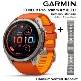 GARMIN Fenix 9 Pro 51mm AMOLED inReach, Titanium Orange/Spark + Vented Titanium Bracelet спортивные часы
