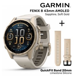 GARMIN Fenix 8 43 mm, AMOLED, Sapphire Soft Gold + QuickFit Band 20mm, Limestone Silicone spordikell