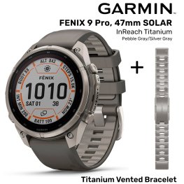 GARMIN Fenix 9 Pro 47mm Solar inReach, Titanium Pebble Gray/Silver + Vented Titanium Bracelet спортивные часы