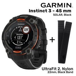 GARMIN Garmin Instinct 3 - 45 mm, Solar, Black + UltraFit 2, Nylon, 22mm, Black Band spordikell