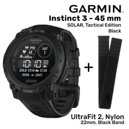 GARMIN Instinct 3 - 45 mm, Solar, Tactical Black + UltraFit 2, Nylon, 22mm, Black Band spordikell