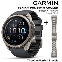 GARMIN Fenix 9 Pro 51mm AMOLED inReach, Titanium Graphite/Black + Vented Titanium Bracelet спортивные часы