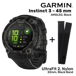 GARMIN Instinct 3 - 45 mm, AMOLED, Black + UltraFit 2, Nylon, 22mm, Black Band spordikell