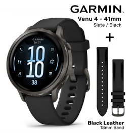 GARMIN Venu 4 - 41mm, Slate / Black Silicone + Black Leather / Brushed Slate Hardware Band spordikell