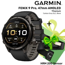 GARMIN Fenix 9 Pro 47mm AMOLED, Carbon DLC Titanium Black/Pebble + ПОДАРОК HRM 200 Sensor спортивные часы