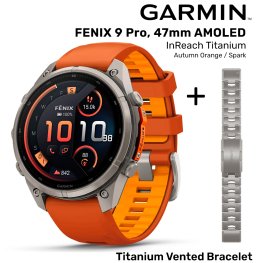 GARMIN Fenix 9 Pro 47mm AMOLED inReach, Titanium Orange/Spark + Vented Titanium Bracelet спортивные часы