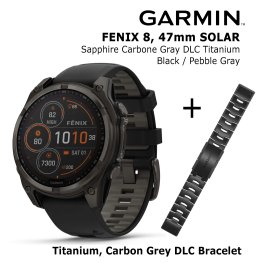 GARMIN Fenix 8 47 mm, Solar, Sapphire Carbon + Titanium Bracelet Carbon Grey DLC Coating, 22mm spordikell