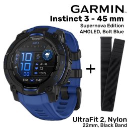 GARMIN Instinct 3 – 45 mm, Supernova, AMOLED, Bolt blue + UltraFit 2, Nylon, 22mm, Black Band spordikell