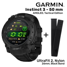 GARMIN Instinct 3 – 50 mm, AMOLED, Tactical Edition + UltraFit 2, Nylon, 26mm, Black Band spordikell