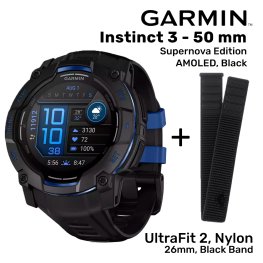 GARMIN Instinct 3 – 50 mm, Supernova Edition, AMOLED, Black + UltraFit 2, Nylon, 26mm, Black Band spordikell