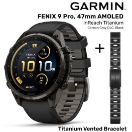 GARMIN Fenix 9 Pro 47mm AMOLED inReach, Carbon Gray DLC Black/Pebble + Vented Titanium Bracelet спортивные часы