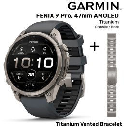 GARMIN Fenix 9 Pro 47mm AMOLED, Titanium Graphite / Black + Vented Titanium Bracelet спортивные часы