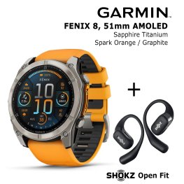 GARMIN Fenix 8 51 mm, AMOLED, Sapphire Titanium + SHOKZ Open Fit Black spordikell