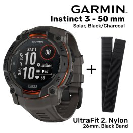 GARMIN Instinct 3 - 50 mm, Solar, Black/Charcoal + Garmin UltraFit 2, Nylon, 26mm, Black B spordikell