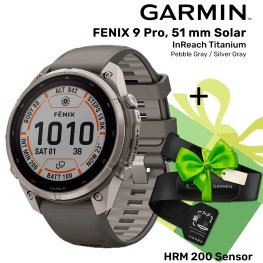 GARMIN Fenix 9 Pro 47mm Solar inReach, Titanium Pebble Gray/Silver + ПОДАРОК HRM 200 Sensor спортивные часы