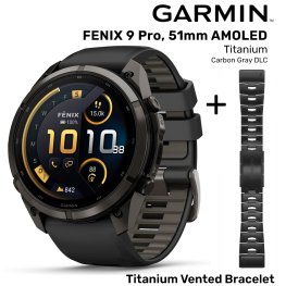 GARMIN Fenix 9 Pro 51mm AMOLED, Carbon Gray DLC Titanium Black/Pebble + Vented Titanium Bracelet спортивные часы