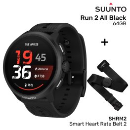 SUUNTO Run 2 All Black, 64GB + SHRM2, Smart Heart Rate Belt 2, size M/L spordikell