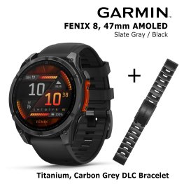 GARMIN Fenix 8 47 mm, AMOLED, Slate Gray + Titanium Bracelet Carbon Grey DLC, QuickFit 22mm spordikell