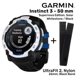 GARMIN Instinct 3 – 50 mm, Supernova Edition, Solar, Whitestone + UltraFit 2, Nylon, 26mm, Black spordikell