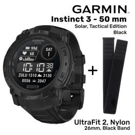 GARMIN Instinct 3 - 50 mm, Solar, Tactical Edition, Black + UltraFit 2, Nylon, 26mm, Black spordikell