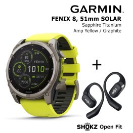 GARMIN Fenix 8 51 mm, Solar, Sapphire Titanium + SHOKZ Open Fit Black spordikell