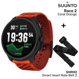 SUUNTO Race 2, Coral Orange + SHRM2, Smart Heart Rate Belt 2, size M/L spordikell