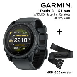 GARMIN Tactix 8 – 51 mm, AMOLED, Sapphire, Cerakote, Titanium, Slate grey + HRM 600 Sensor spordikell