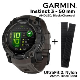 GARMIN Instinct 3 - 50 mm, AMOLED, Black/Charcoal + UltraFit 2, Nylon, 26mm, Black spordikell