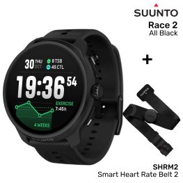 SUUNTO Race 2, All Black + SHRM2, Smart Heart Rate Belt 2, size M/L spordikell