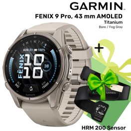 GARMIN Fenix 9 43mm AMOLED, Bare Titanium Fog Gray + ПОДАРОК HRM 200 Sensor спортивные часы