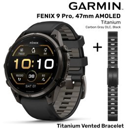 GARMIN Fenix 9 Pro 47mm AMOLED, Carbon DLC Titanium Black/Pebble + Vented Titanium Bracelet DLC спортивные часы