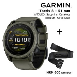 GARMIN Tactix 8 – 51 mm, AMOLED, Sapphire, Cerakote, Titanium, Olive + HRM 600 Sensor spordikell