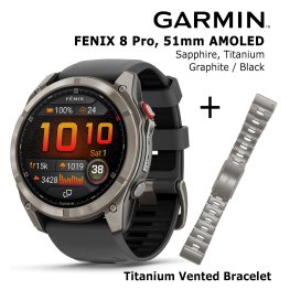 GARMIN fēnix® 8 Pro – 51 mm, AMOLED, Sapphire, Ti + 26mm Titanium Vented Bracelet spordikell