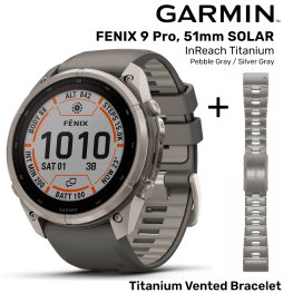 GARMIN Fenix 9 Pro 51mm Solar inReach, Titanium Pebble Gray/Silver + Vented Titanium Bracelet спортивные часы